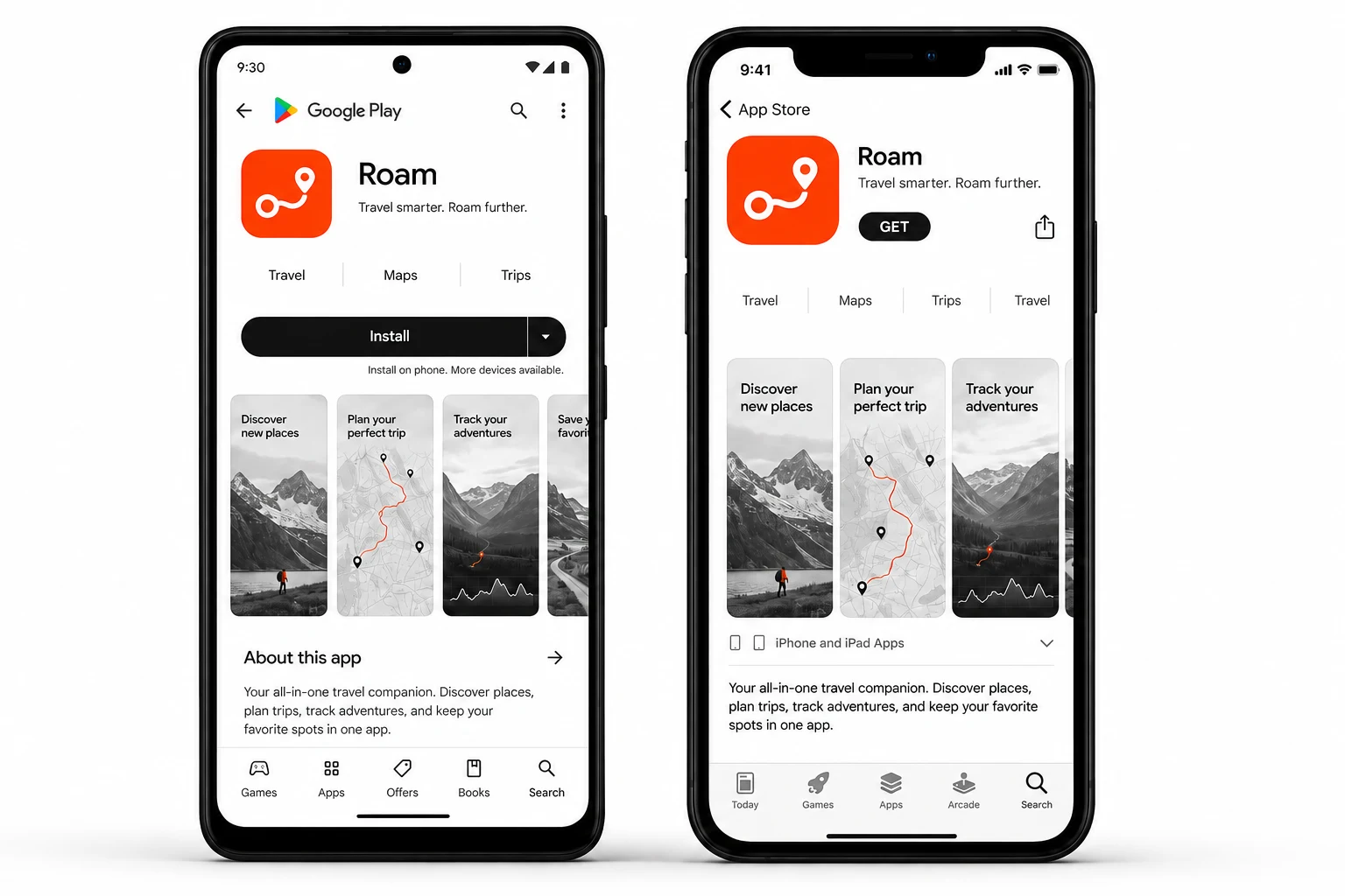 The same fictional Roam app in Google Play on Android and App Store on iPhone